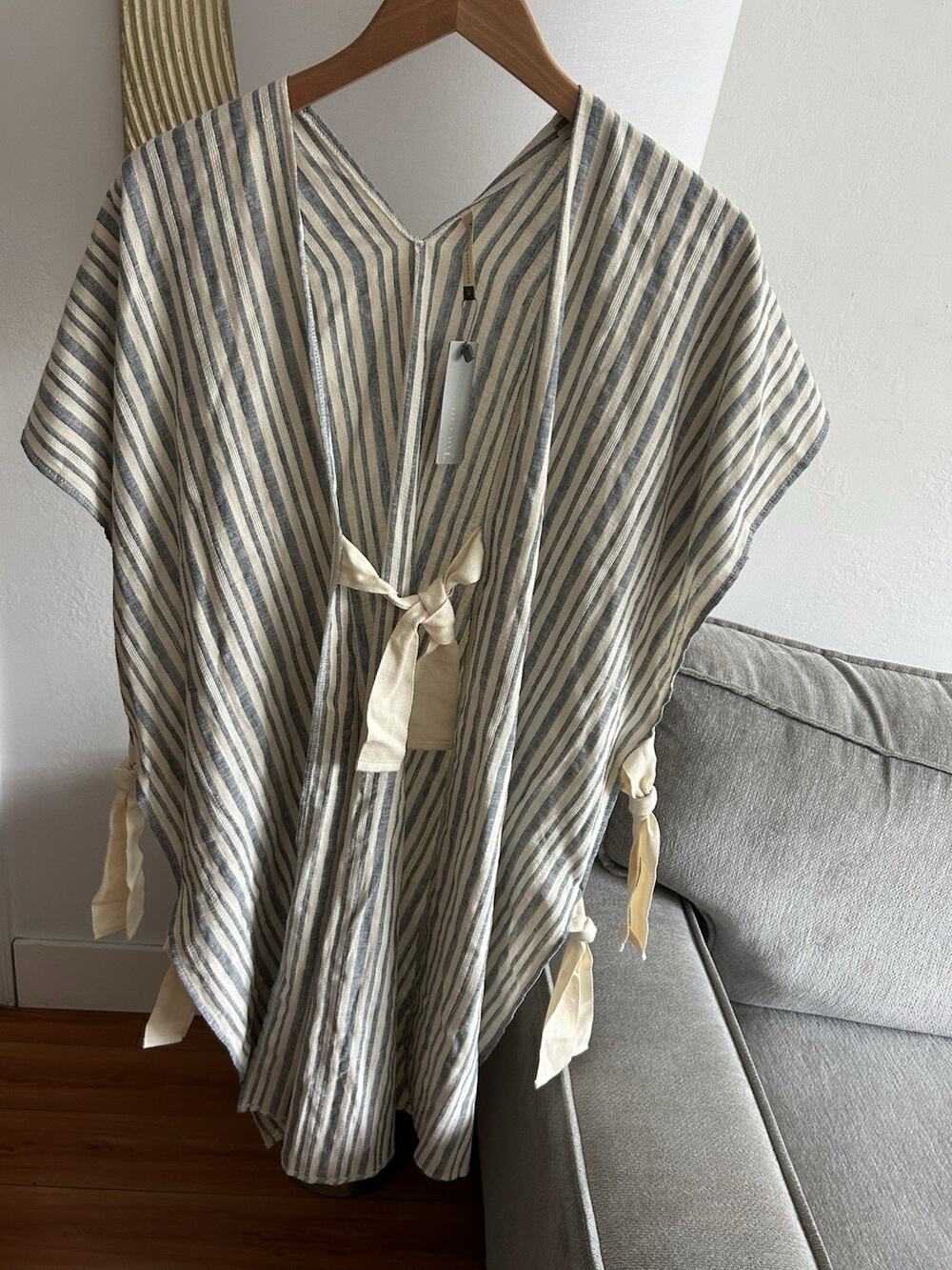 Linen Striped Cover Up Kimono One Size gray Boho Lagenlook Coastal